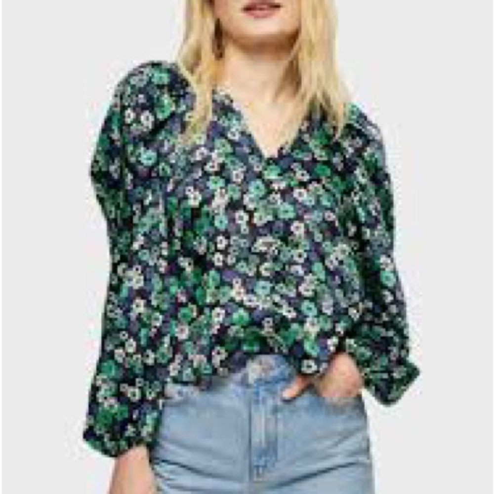 Floral V-Neck Peasant Blouse - Green Floral